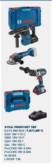 BOSCH0615990N2X 1.077,00 28,0% 775,44
Hst.-Nr.: 0615990N2X NW-Nr.: 0615990N2X
18V Profi Set (GSR,GWX,GBH)