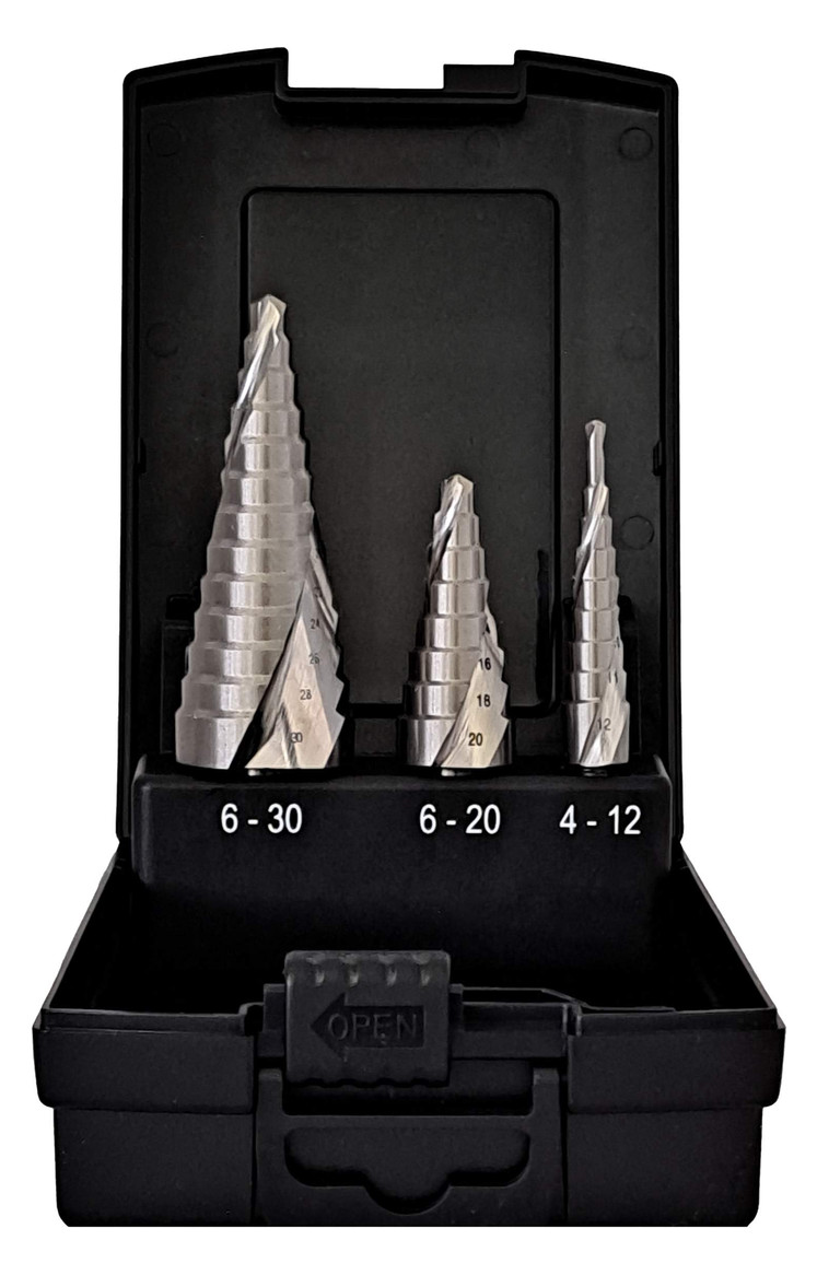 Stufenbohrer-Sets ECO  HSS-Co5%
Gr.1 Stufenbohrer 4-12,0mm
Gr.2 Stufenbohrer 6-20,0mm
Gr.3 Stufenbohrer 6-30,0mm
